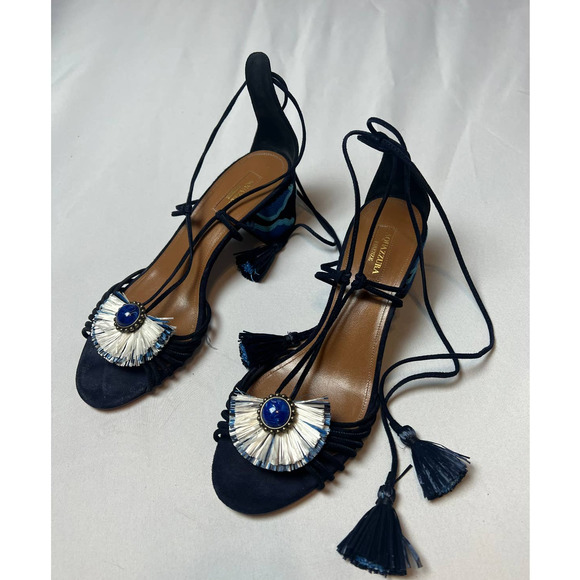 Aquazzura Blue ‘Samba’ Suede Block-Heel Sandals Sz. 40 (US 10) - Picture 1 of 8
